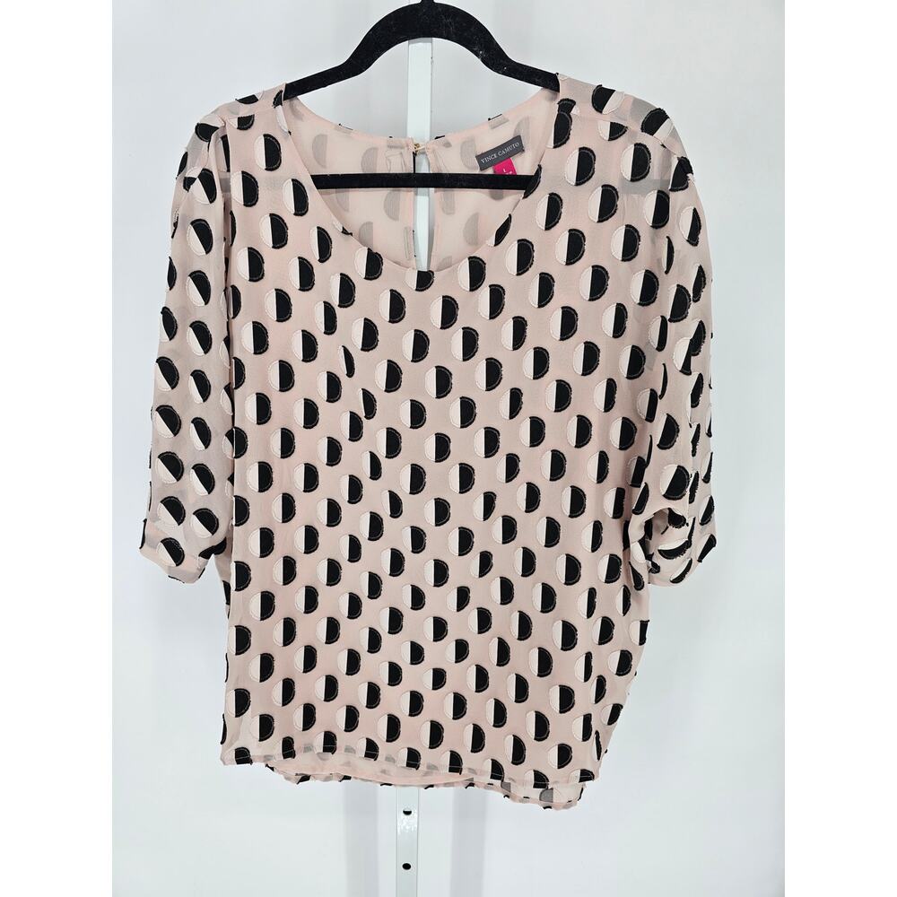 Vince Camuto Women's White Poka Dot Pattern 3/4 Sleeve Scoop Neck Top Size L